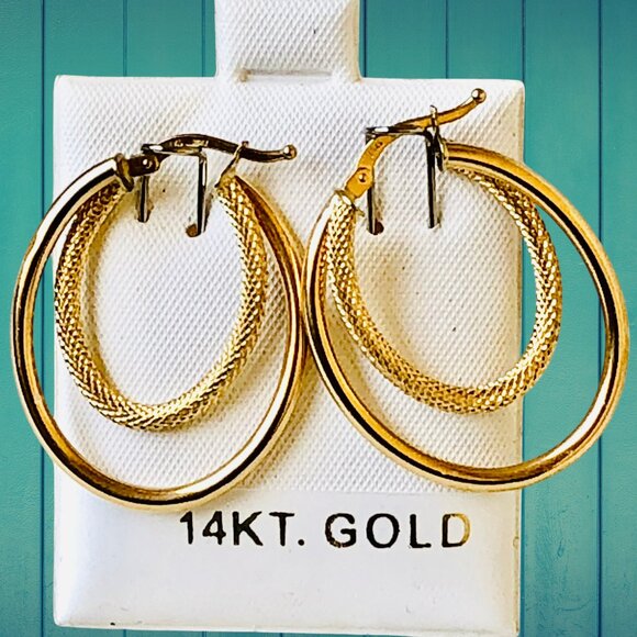 14K Yellow Gold Earrings Duble Hoops Italy 2.2 grams Leverback New - Picture 6 of 15